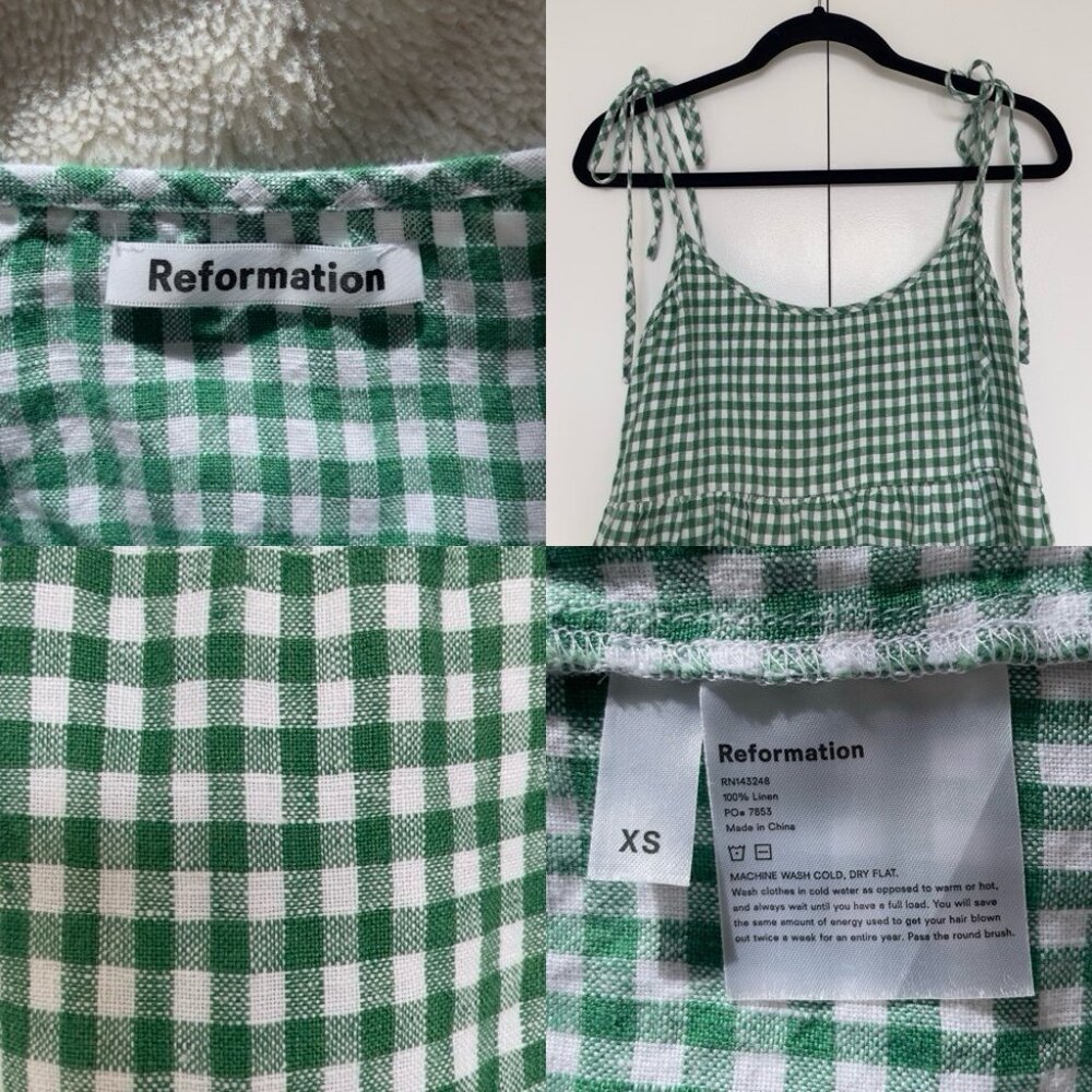 Reformation | Green & white gingham plaid linen babydoll mini dress | Size XS - Picture 3 of 3